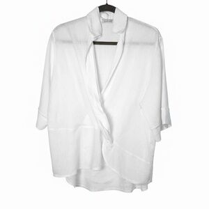 SAGA Linen Blouse White Made in Italy One Size V Neck Crossover Front Lagenlook